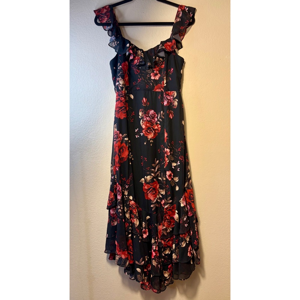 Birdy Grey Floral Maxi Dress Black Red Rose Ruffle Tiered Formal size Small